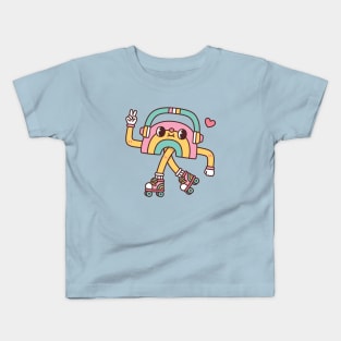 Cute Rainbow With Headphones And Roller Skates Kids T-Shirt